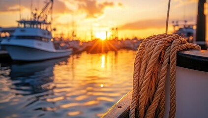Maryland Day background with a fishing boat and dock ropes in front of a harbor sunrise