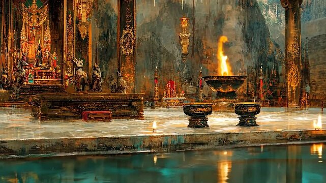 Sacred Asian temple interior with burning incense