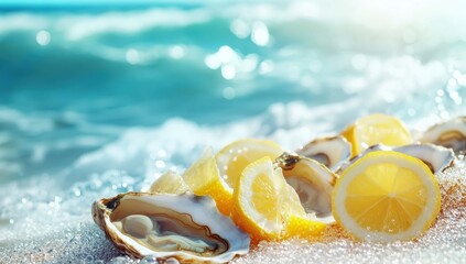 Maryland Day celebration with fresh oysters and lemon wedges against an ocean waves background
