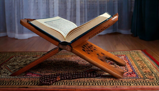 Quran, the Scripture of Muslims on rihal or wood book stand, prayer beads or tasbeeh, at home during ramadan