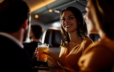 Friends trip, passenger ordering drinks from flight attendant on airplane smiling friendly, enjoying inflight service and refreshment on flight