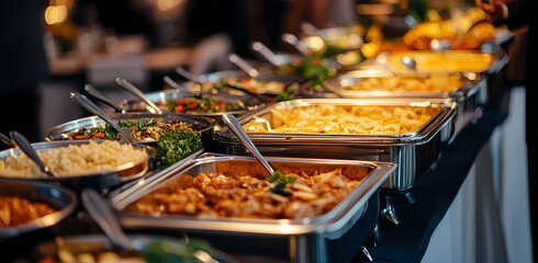 Fototapeta premium Feast of Flavors: A sumptuous buffet spread, laden with a diverse array of dishes, offers a visual and culinary delight, inviting guests to indulge in a gastronomic experience.