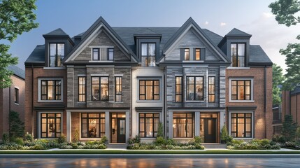 Townhouses facade, charming neighborhood, evening view