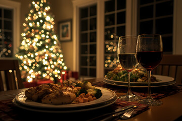Naklejka premium Christmas Dinner: A cozy Christmas dinner scene featuring a decorated Christmas tree, set on a table with delicious meal and wine glasses, creating a warm, inviting, and festive atmosphere.