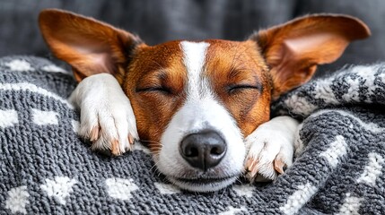 Obraz premium Dog sleeping under cozy blanket, indoor background
