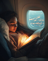 Woman sleeping on airplane is reading book using reading light, looks peaceful and cozy. She seems calm and rested before landing at night