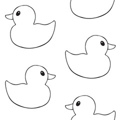 Vector seamless pattern of hand drawn sketch doodle outline bathing duck isolated on white background
