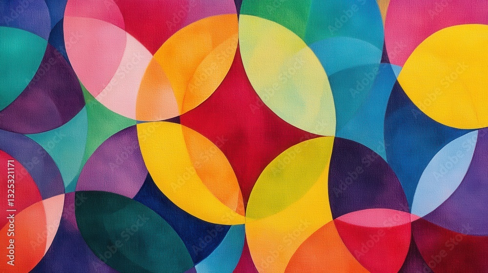 Poster Colorful geometric pattern of interlocking circles with vibrant primary colors creating a lively modern design backdrop