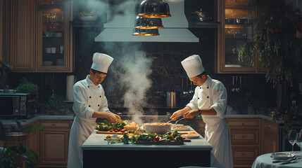 Culinary Harmony: Two skilled chefs collaborate in a modern, well-equipped kitchen, orchestrating a symphony of flavors and aromas. Captured with natural lighting, the scene showcases their expertise.