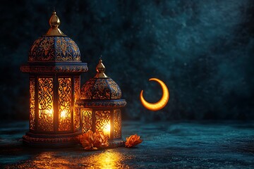Two ornate lanterns illuminate with a crescent moon behind them
