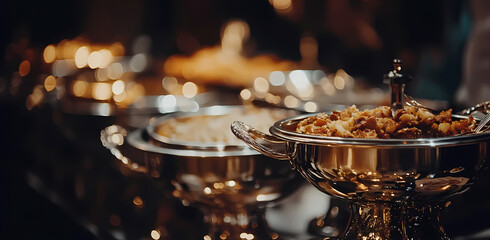 Fototapeta premium Feast of Gold: A close-up of a sumptuous buffet, with golden chafing dishes gleaming under soft lighting, offering a tantalizing glimpse of culinary delights ready to be savored. 