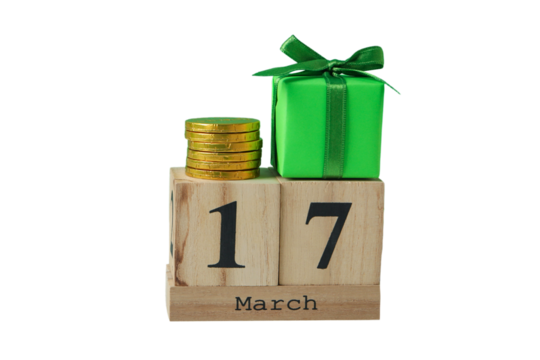 Patrick`s day, green gift box, wooden calendar and gold coins isolated on white background, PNG
