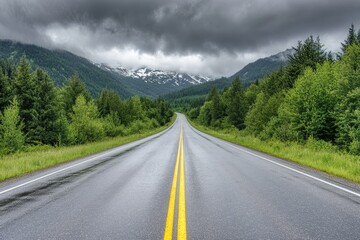 Mountain road under a stormy sky