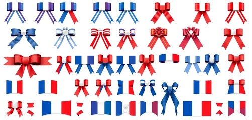 Extensive collection of French ribbon symbols, icons, and flags on white Premium quality tricolor set, symbol, material