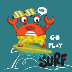 Cartoon crab surfing on ocean waves wearing sunglasses and beach shorts in a fun summer scene. Children's water sports adventure illustration concept
