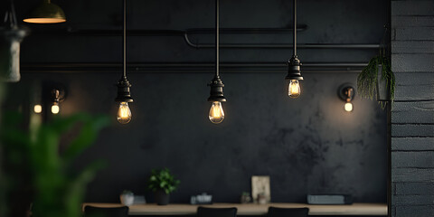 Matte Black Walls with Exposed Black Pipes and Industrial Lighting