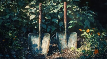 Two gardening shovels rest in a natural setting with foliage present