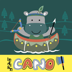 Cartoon hippopotamus paddling a decorated canoe on a river with trees in the background. Children's outdoor adventure illustration concept
