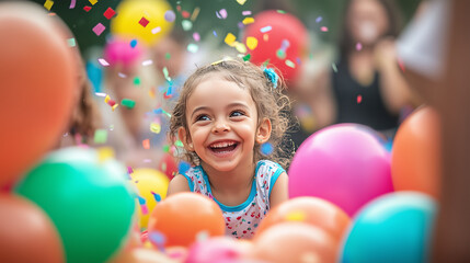 Obraz premium Kids playing with balloons at vibrant birthday, cheerful child expressing joy while surrounded by colorful decorations and balloons, creating fun atmosphere