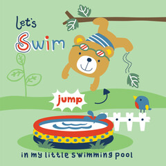 Cartoon bear jumping into a small swimming pool wearing goggles and swimwear in a fun outdoor scene. Children's summer water activity illustration concept
