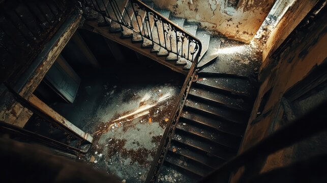 A decaying staircase descending into a dark and desolate room
