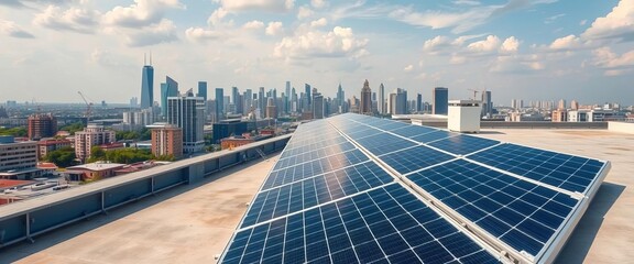 Flat commercial rooftop solar panel installation with city skyline backdrop, installation, rooftop