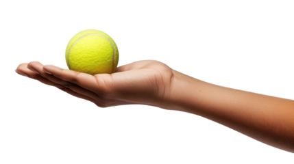 Hand holding tennis ball on transparent background