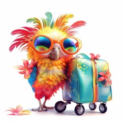 Naklejka premium Cute funny parrot wearing sunglasses stands next to a colorful suitcase with flowers