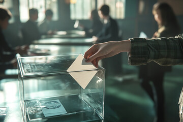 Close-up of a hand casting a paper ballot into a transparent ballot box in a polling station