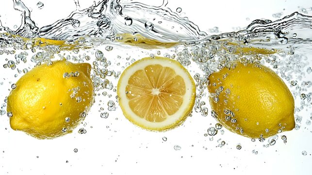 Three lemons spash in water on white