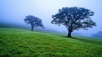 Fototapeta premium Misty grassland with two trees under twilight, creating serene atmosphere