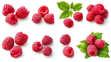 Set of various raspberries isolated on white