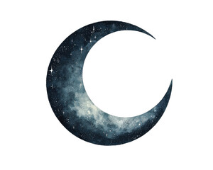 A crescent moon filled with a cosmic design of stars and galaxies.
