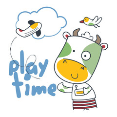 Cartoon cow imagining an airplane while enjoying playtime with a bird in a fun and whimsical setting. Children's playful imagination illustration concept
