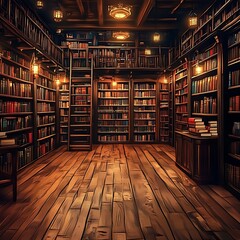 Obraz premium Antique Library Interior Wooden Floor Bookshelves