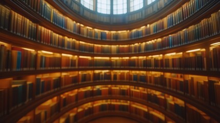 Fototapeta premium Round bookshelf in a library, warm light, blurred reading tables and people in background, cinematic wide-angle view