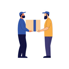 Two men exchanging a package, showcasing a friendly interaction in a delivery scenario.