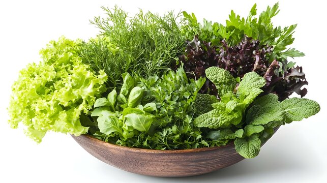 Various herbs and lettuce in a bowl on white