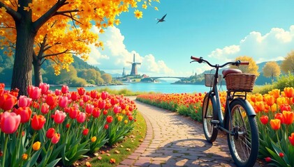 Naklejka premium Colorful Dutch tulips and bicycles seamless design for travel enthusiasts, landmarks, pattern