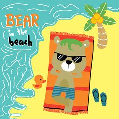 Cartoon bear relaxing on beach towel under the sun with ocean waves, palm tree, and flip-flops. Children's summer vacation illustration concept
