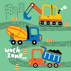Cartoon construction vehicles including excavator, cement mixer, and dump truck working in a city work zone. Children's construction site illustration concept
