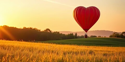 Fototapeta premium Heart Shaped Hot Air Balloon Sunset Over Golden Field