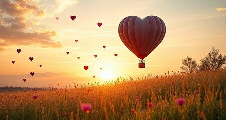 Fototapeta premium Heart Shaped Hot Air Balloon Sunrise Romantic Love Field