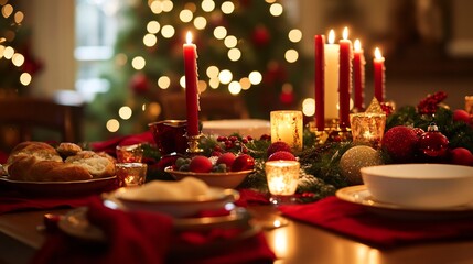 Christmas candlelit dinner elegant table set with red and gold decorations warm candlelight and festive holiday dishes