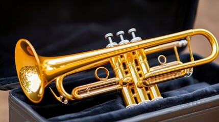 Brightly Polished Trumpet Resting in Elegant Black Velvet Case