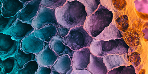 Close-Up of Honeycomb Structure with Purple and Green Cells | Detailed Honeycomb and Cells in Purple and Green | Microscopic Organic Cells in Honeycomb Structure

