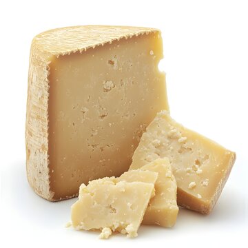 Two pieces of pecorino romano cheese isolated on white background highlighting their rich flavor and texture