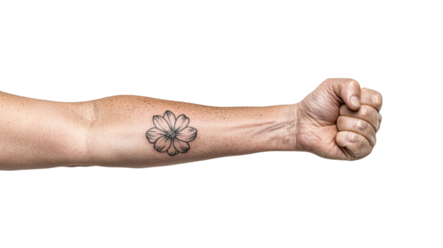 A clenched fist reveals a detailed floral tattoo on a muscular forearm.