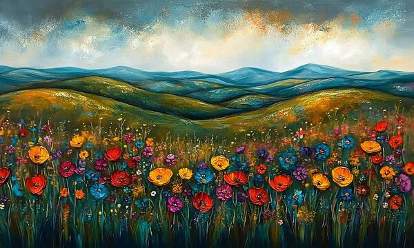 Colorful flower-filled hillscape with distant mountains