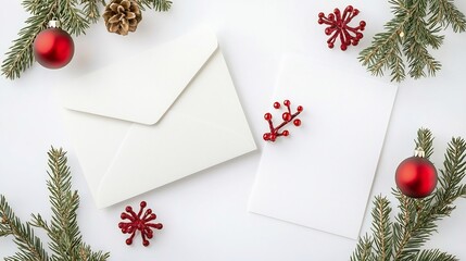 Christmas card white envelope duo with elegant festive touches set against a white background